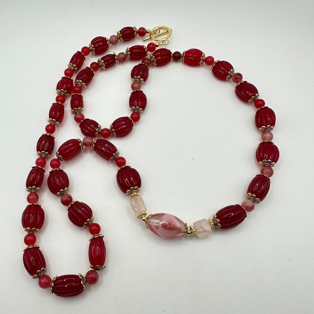 30", carved Ruby, tourmaline, rose quartz and glass‎ artisan necklace!